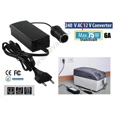 6A 75W 230/12V AUTÓS HŰTŐLÁDA FESZÜLTSÉGÁTALAKÍTÓ 230V -ról >> 12V -ra STABILIZÁLT INVERTER ÁRAMÁTALAKÍTÓ 230/12V KONVERTER