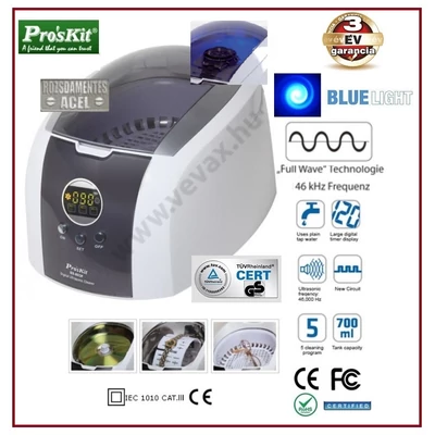 ProsKit / EasyHome DIGITÁLIS ULTRAHANGOS TISZTÍTÓ 0,75L 50W BLUE LIGHT ÉKSZERTISZTÍTÓ MOSÓ 5 programos TISZTÍTÓGÉP 3 év garancia