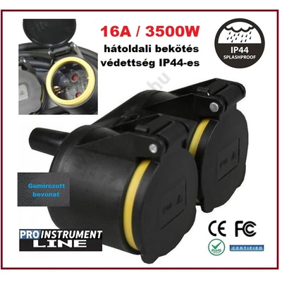 ProInstrument IP44 DUPLA LENGŐ CSAPÓFEDELES GUMI DUGALJ 3500W 16A HOSSZABBÍTÓ 2-es ELOSZTÓ LENGŐDUGALJ GUMIS ALJZAT