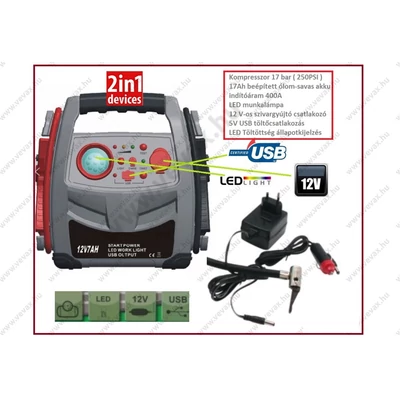 2in1 AUTÓ GYORSINDÍTÓ KOMPRESSZOR 12V + USB 17bar 250PSI 400A 17Ah BIKÁZÓ ÁRAMFORRÁS RÁSEGÍTŐ INDÍTÓ STARTER