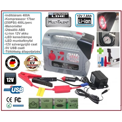 ProInstrument Li-Ion 5in1 AUTÓ GYORSINDÍTÓ KOMPRESSZOR 12V + USB 17bar 250PSI 400A BIKÁZÓ ÁRAMFORRÁS RÁSEGÍTŐ INDÍTÓ STARTER 2 év GARANCIA