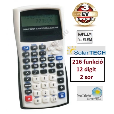 SolarTech NAPELEMES TUDOMÁNYOS SZÁMOLÓGÉP 216 funkció 2 sor 12 digites SOLAR ZSEBSZÁMOLÓ 3 év GARANCIA