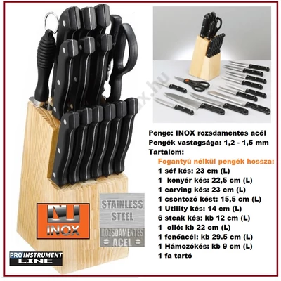 15db-os ProInstrument InoX SHÉF KÉSKÉSZLET FA TARTÓBAN 15 részes KONYHAI CHEF KÉS KÉSZLET