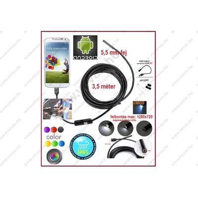AnDroid SZÍNES 3,5 méter / 5,5 mm OKOSTELEFON ENDOSZKÓP KAMERA USB / TABLET / PC / CMOS OBJEKTÍV IP67 VÍZÁLLÓ 6x SMD LED FOTÓ / VIDEÓ