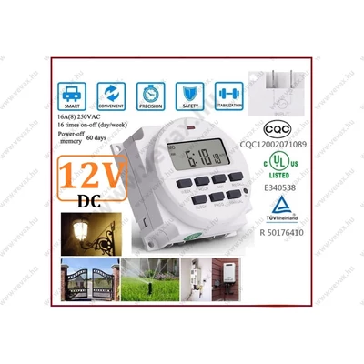 12V DC / 230V BEÉPÍTHETŐ 16x NAPI - HETI DIGITÁLIS KAPCSOLÓÓRA PROGRAMOZHATÓ IDŐZÍTŐ 16A TIMER 1 perc-168 óra 110-250V IDŐKAPCSOLÓ