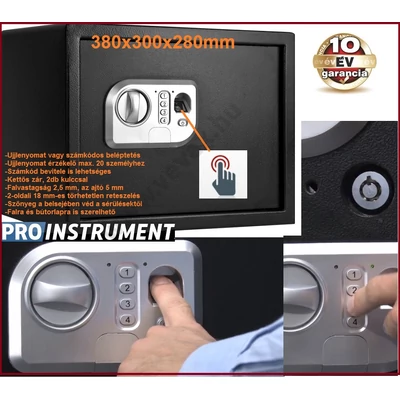 ProInstrument UJJLENYOMATOS DIGITÁLIS BÚTOR SZÉF 38x30x28cm 20 felhasználós UJJLENYOMAT NYITÁSÚ TREZOR ELEKTRONIKUS PÁNCÉLSZEKRÉNY 10 év GARANCIA