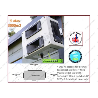 3000m2 IPARI 4 UTAS MADÁRRIASZTÓ 12V / 230V MULTI ÁLLATRIASZTÓ 8-40KHz ULTRAHANGOS GALAMB VARJÚ VERÉB SEREGÉLY FEKETERIGÓ ELEKTROMOS VARJÚRIASZTÓ GALAMBRIASZTÓ VERÉBRIASZTÓ