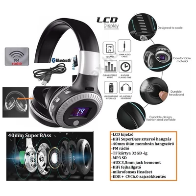 6in1 BS LCD DIGITÁLIS BLUETOOTH FEJHALLGATÓ / FM / MIKROFONOS HEADSET / FM rádió / MP3 / 32GB SD TF / AUX / VEZETÉK NÉLKÜLI WIRELESS