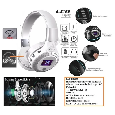 6in1 WH LCD DIGITÁLIS BLUETOOTH FEJHALLGATÓ / FM / MIKROFONOS HEADSET / FM rádió / MP3 / 32GB SD TF / AUX / VEZETÉK NÉLKÜLI WIRELESS