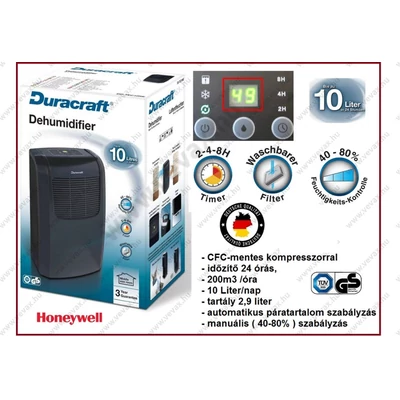 10L HONEYWELL - DURACRAFT 10 liter / nap DIGITÁLIS PÁRÁTLANÍTÓ 200m2 SZABÁLYOZHATÓ ELEKTROMOS PÁRAMENTESÍTŐ DDTEC10NE