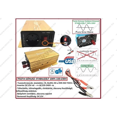 GOLD TISZTA SZÍNUSZOS 12V -ról >> 230V -ra + USB 600W / 300W FESZÜLTSÉGÁTALAKÍTÓ INVERTER AUTÓS ÁRAMÁTALAKÍTÓ 12/230V KONVERTER