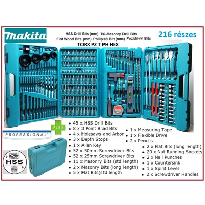 MAKITA Pro 216db-os HSS FÚRÓSZÁR BIT DUGÓKULCS FAFÚRÓ FÚRÓ SZERSZÁMKÉSZLET + KOFFER TORX PZ T PH HEX 216 részes szett