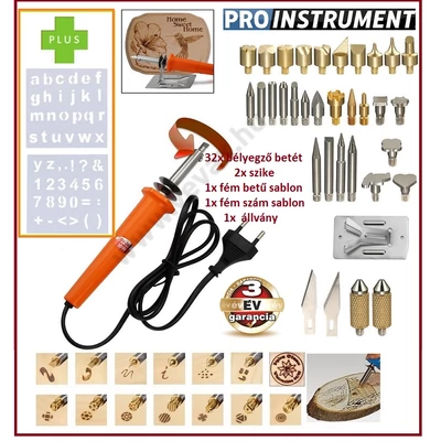 38db-os ProInstrument PIROGRÁF FORRASZTÓPÁKA KÉSZLET + BETŰSABLON + SZÁMSABLON + TARTÓÁLLVÁNY GRAVÍROZÓ BEÉGETŐ FORRASZTÓ 30W 380°C FÁBA BŐRBE PAPÍRRA 3 év GARANCIA