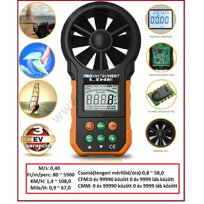 ProInstrument ProChip PROFESSZIONÁLIS DIGITÁLIS SZÉLMÉRŐ 40m/sec - 108km/h KÉZI ANEMOMÉTER SZÉLSEBESSÉG MÉRŐ HŐMÉRŐ 3 év GARANCIA