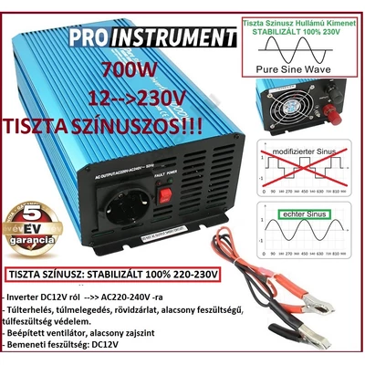 ProInstrument TISZTA SZÍNUSZOS 12V -ról >> 230V -ra 700W / 350W FESZÜLTSÉGÁTALAKÍTÓ INVERTER AUTÓS ÁRAMÁTALAKÍTÓ 12/230V KONVERTER 5 év GARANCIA