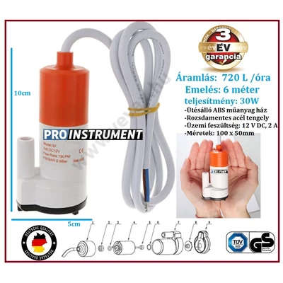 ProInstrument Mini 12V BÚVÁRSZIVATTYÚ 720 Liter / óra 6 méter VÍZSZIVATTYÚ FENÉKSZIVATTYÚ MERÜLŐ FENÉKVÍZ HAJÓ YACHT SZIVATTYÚ 10x5cm 3 év GARANCIA