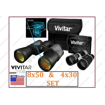 2db-os VIVITAR TÁVCSŐ KÉSZLET 1db 8x50 + 1db GYEREKTÁVCSŐ 4x30 PORRO PRIZMÁS UNIVERZÁLIS BINOCULAR TÁSKÁVAL