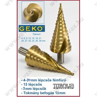 GekO Titanium 4-39mm 13 lépcsős fémfúró 3mm lépcső fúró