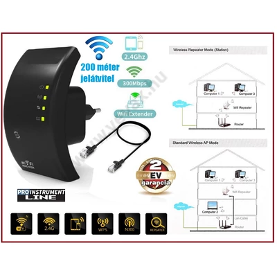 ProInstrument WIFI 300 Mbps JELERŐSÍTŐ 200m JELÁTVIVŐ ERŐSÍTŐ WLAN WPA2 WPA WEP REPEATER 2 év GARANCIA