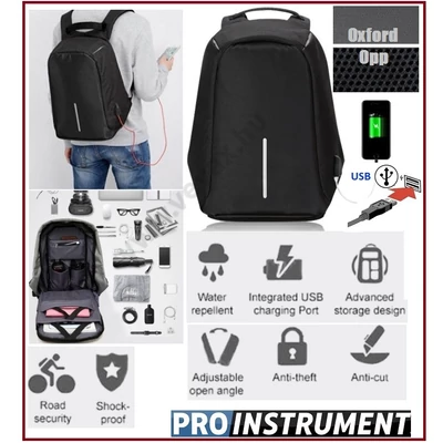 7 rekeszes ProInstrument OxfordOpp LOPÁSBIZTOS HÁTIZSÁK USB porttal VÍZÁLLÓ 43x33x11cm FEKETE UNISEX