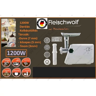 Fleischwolf 1200W ELEKTROMOS HÚSDARÁLÓ KOLBÁSZTÖLTŐ 3 TÁRCSÁS 3-5-7mm KOLBÁSZKÉSZÍTŐ