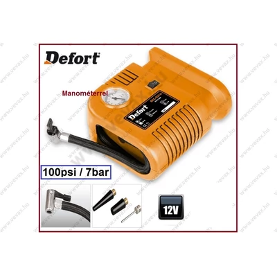 DEFORT 12V AUTÓS KOMPRESSZOR MANOMÉTERES PUMPA 100PSI / 7BAR SZIVARGYÚJTÓS LÉGKOMPRESSZOR