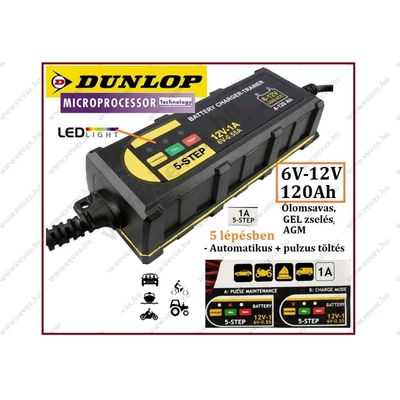 DUNLOP Automatic 6V - 12V AUTÓ MOTOR AKKUTÖLTŐ 120Ah INTELLIGENS AUTOMATA ÓLOMSAVAS ZSELÉS AGM 6/12V AKKUMULÁTORTÖLTŐ TÖLTÖTTSÉGVÉDŐ
