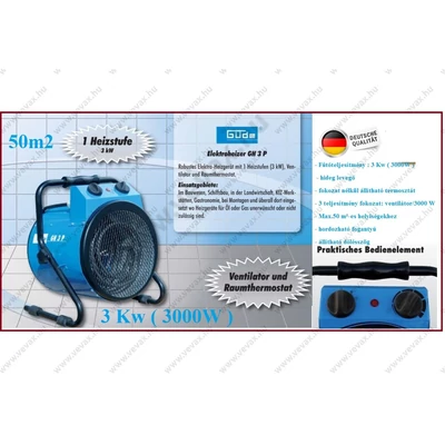 GÜDE 50m2 IPARI HORDOZHATÓ HŐSUGÁRZÓ 3000W VENTILÁTOROS FOKOZATMENTES FŰTŐVENTILÁTOR TERMOSZTÁTOS 85107 GH 3 P