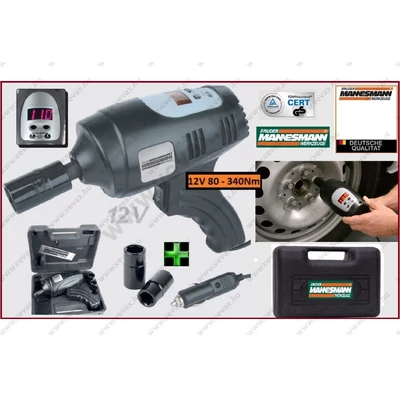 MANNESMANN AUTÓS DIGITÁLIS ÜTVECSAVAROZÓ 12V ELEKTROMOS CSAVARKULCS KÉSZLET 17/19/21/23 mm 1/2" 80-340Nm