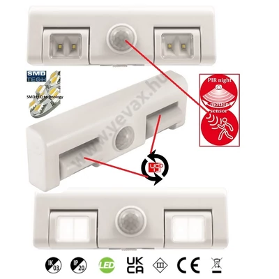 IRÁNYÍTHATÓ FÉNYŰ PIR MOZGÁSÉRZÉKELŐS 4x SMD LED LÁMPA ELEMES / AKKUS