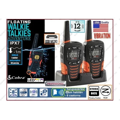 COBRA VibraVox 12km VÍZÁLLÓ ADÓ-VEVŐ KÉSZLET PMR HANGVEZÉRLŐS + DOKKOLÓ CTCSS DCS WALKIE-TALKIE ADÓVEVŐ KÉSZÜLÉK ADÓ VEVŐ