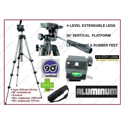 KÖNIG 37-105cm FÉNYKÉPEZŐ KAMERA ÁLLVÁNY SZINTEZŐVEL + TÁSKA FOTÓ TRIPOD 90° vertikális TELESZKÓPOS KN-TRIPOD19