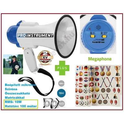 ProInstrument Mini MEGAFON 100 MÉTER 15W + SZIRÉNA FUNKCIÓVAL HANGOSBESZÉLŐ  2 év GARANCIA