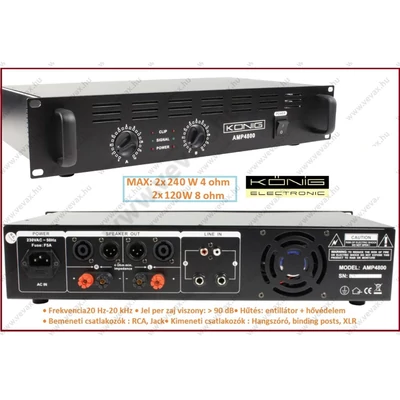 KÖNIG 2x240W FÉLPROFESSZIONÁLIS VÉGERŐSÍTŐ PA-AMP4800-KN VÉGFOK ERŐSÍTŐ