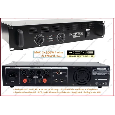 KÖNIG 2x300W FÉLPROFESSZIONÁLIS VÉGERŐSÍTŐ PA-AMP6000-KN VÉGFOK ERŐSÍTŐ
