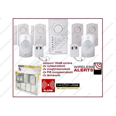 KÖNIG 6 zónás VEZETÉK NÉLKÜLI LAKÁS RIASZTÓ RENDSZER 60méter WIRELESS 2x mozgásérzékelő 2x nyitás  2x üvegtörés SEC-ALARM110
