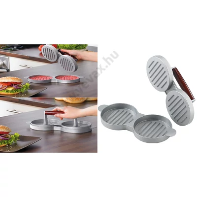 2 részes DUPLA HAMBURGER FORMA NYOMÓ 2x12cm DARÁLTHÚS GRILL HÚSPOGÁCSA BBQ FORMÁZÓ ALAKÍTÓ TAPADÁSMENTES ALUMÍNIUM PRÉS