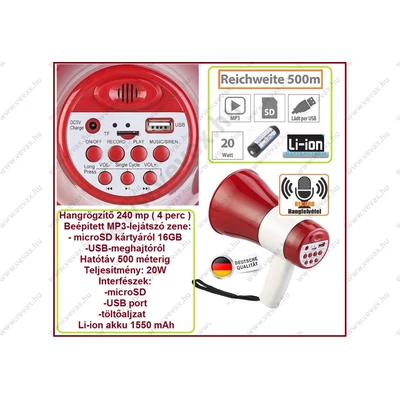 Li-Ion akkus MP3 lejátszó microSD felvevős 16Gb megafon 500 méter 20W 