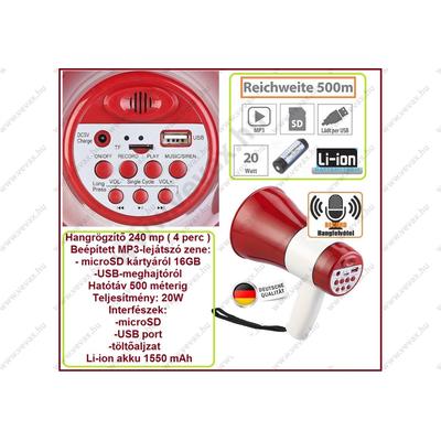 Li-Ion akkus MP3 lejátszó microSD felvevős 16Gb megafon 500 méter 20W 