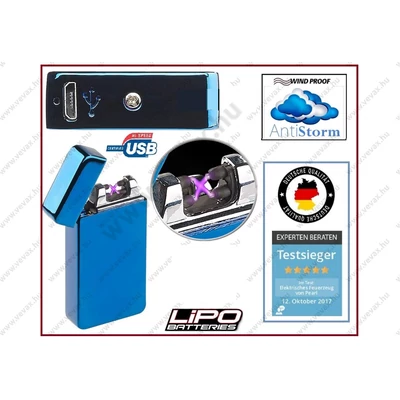 BlueStorm SZÉLÁLLÓ AKKUS ÖNGYÚJTÓ VIHARÁLLÓ TŰZGYÚJTÓ PLAZMA LiPo USB ELEKTROMOS DUPLA ÍVŰ GÁZGYÚJTÓ