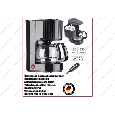 12V AUTÓS KÁVÉFŐZŐ 3 csészés UTAZÓ VÍZFORRALÓ MELEGEN TARTÓ 650ml VÍZMELEGÍTŐ