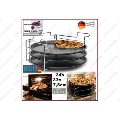 KGH 3 TÁLCÁS EMELETES PIZZASÜTŐ ÁLLVÁNY 3db TEPSI FORMA KÉSZLET ROZSDAMENTES SZÉNACÉLBÓL