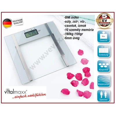 VitaLMaxx 7in1 TESTELEMZŐ SZEMÉLYMÉRLEG 180kg BMI FITNESS TESTZSÍR TESTÖMEG CSONT INDEX TESTANALÍZÁLÓ DIGITÁLIS MÉRLEG 5 év GARANCIA