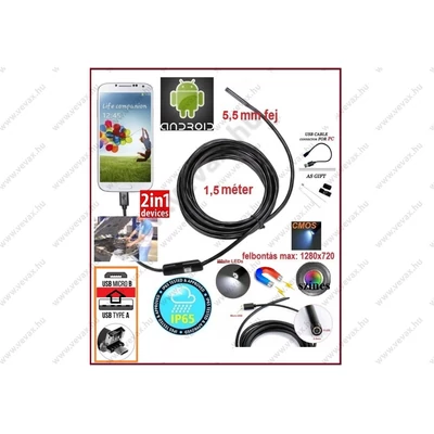 2in1 AnDroid 1,5 méter / 5,5mm OKOSTELEFON ENDOSZKÓP KAMERA OTG USB / Micro USB / TABLET / PC / CMOS OBJEKTÍV IP67 VÍZÁLLÓ 6x SMD LED FOTÓ / VIDEÓ