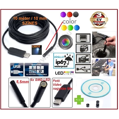 SZÍNES 10 méter / 10 mm USB ENDOSZKÓP KAMERA CMOS OBJEKTÍV IP67 VÍZÁLLÓ 6x SMD LED FOTÓ / VIDEÓ 50x NAGYÍTÁS 3 év GARANCIA