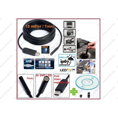 15 méter / 7 mm USB ENDOSZKÓP KAMERA CMOS OBJEKTÍV IP67 VÍZÁLLÓ 6x SMD LED FOTÓ / VIDEÓ 50x NAGYÍTÁS