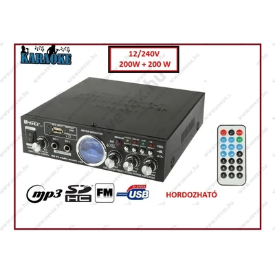 12/240V USB MP3 AUTÓS ERŐSÍTŐ RÁDIÓ ASZTALI KARAOKE ERŐSÍTŐ 2x200W FM RÁDIÓ USB SD MP3 LEJÁTSZÓ HORDOZHATÓ