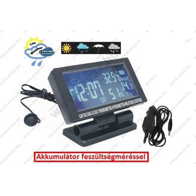 DIGITÁLIS AUTÓS IDŐJÁRÁS ÁLLOMÁS HŐMÉRŐ KÜLSŐ BELSŐ ÓRA NAPTÁR 12/24V LCD + AKKU TESZTELŐ FESZÜLTSÉGMÉRŐ