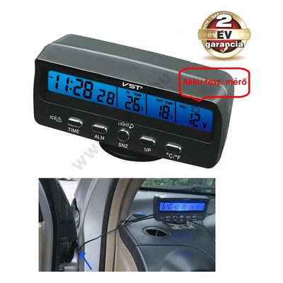 VST DIGITÁLIS AUTÓS HŐMÉRŐ KÜLSŐ BELSŐ 12/24V LCD MULTI ÓRA NAPTÁR + AKKU TESZTELŐ FESZÜLTSÉGMÉRŐ 2 év GARANCIA