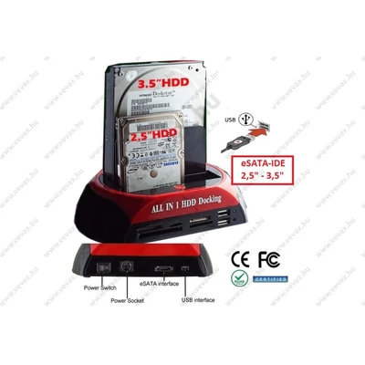MULTI HDD USB DOKKOLÓ SATA IDE E-SATA MEREVLEMEZ ÁLLOMÁS 2,5" - 3,5" BEÉPÍTETT KÁRTYAOLVASÓVAL